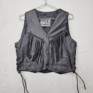 USA Bikers Leather Mens Fringe Motorcycle Vest Large Lace Up Western Style Rider